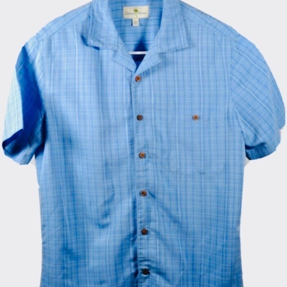 Island Shores Hawaiian Shirt Mens Blue Plaid Short Sleeve Button Down Large